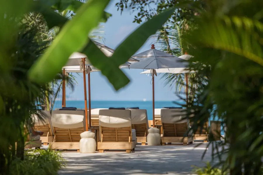 Sun loungers and white parasols at the water's edge, seen through out-of-focus tropical leaves.
