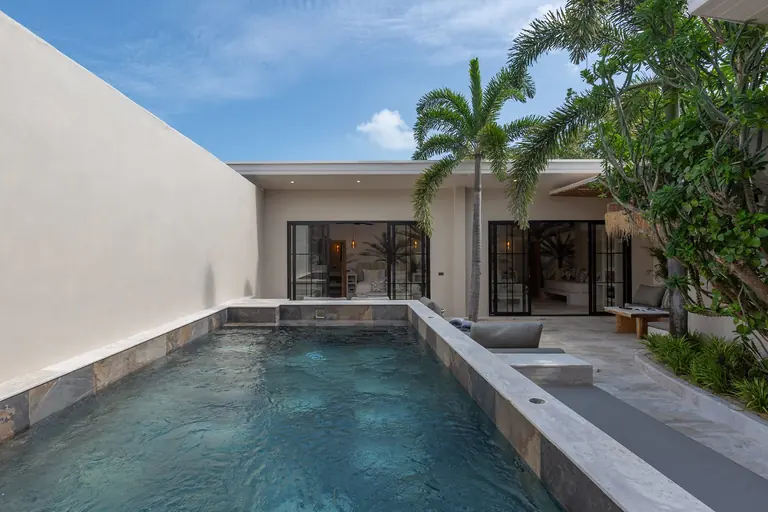 Long swimming pool with slate-tiled walls between a tall white wall and a raised deck, leading to the single-storey villa with black-framed glass doors and palms.